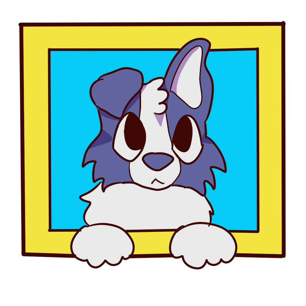 a blue dog looking through a picture frame